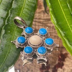 Pendant Blue Turquoise & Ivory, Floral Design, Sterling Silver .925. Free Ship!